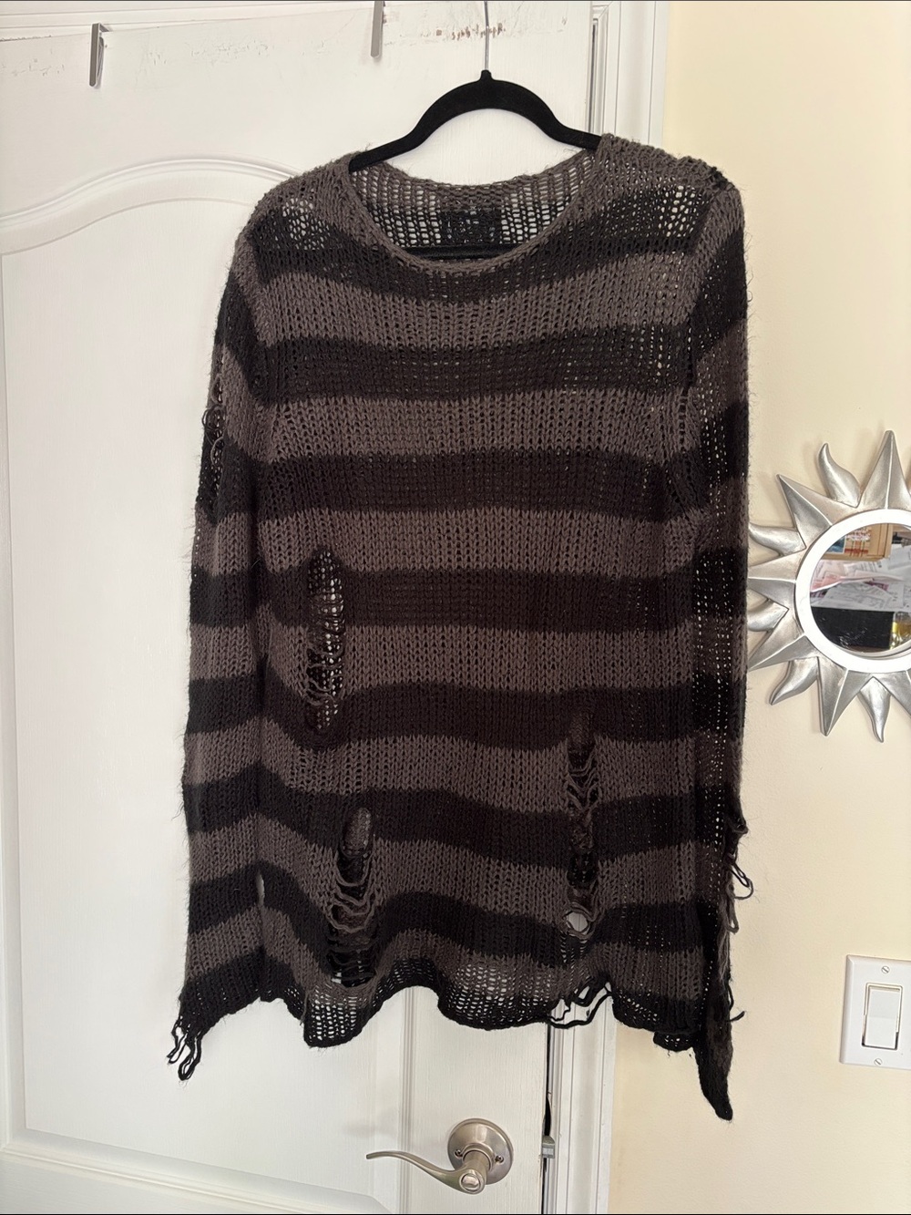 Killstar Distressed Striped Knit Sweater in Charcoal Black-M